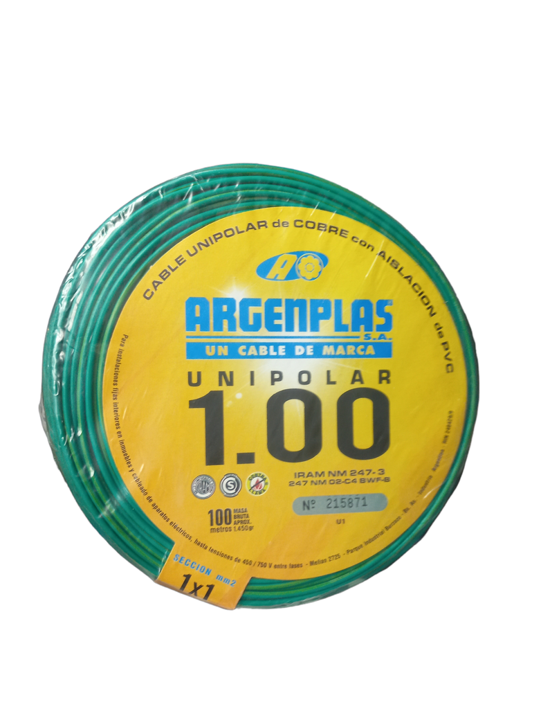 ROLLO 100 METROS CABLE UNIPOLAR 1MM2 BICOLOR NM247-3 ARGENPLAS (U1)