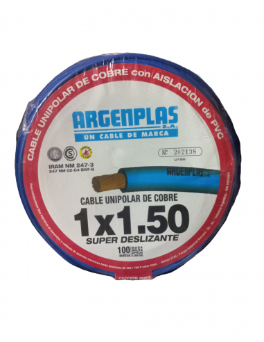 ROLLO 100 METROS CABLE UNIPOLAR 1.5MM2 CELESTE NM247-3 ARGENPLAS (U1.5)