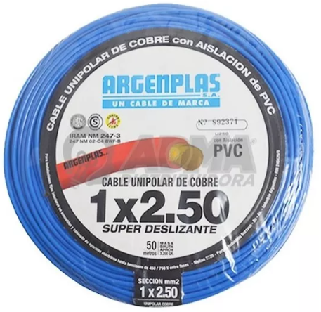 ROLLO 100 METROS CABLE UNIPOLAR 2.5MM2 CELESTE NM247-3 ARGENPLAS (U250)