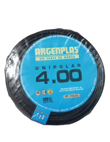 ROLLO 100 METROS CABLE UNIPOLAR 4MM2 NEGRO NM247-3 ARGENPLAS (U4)